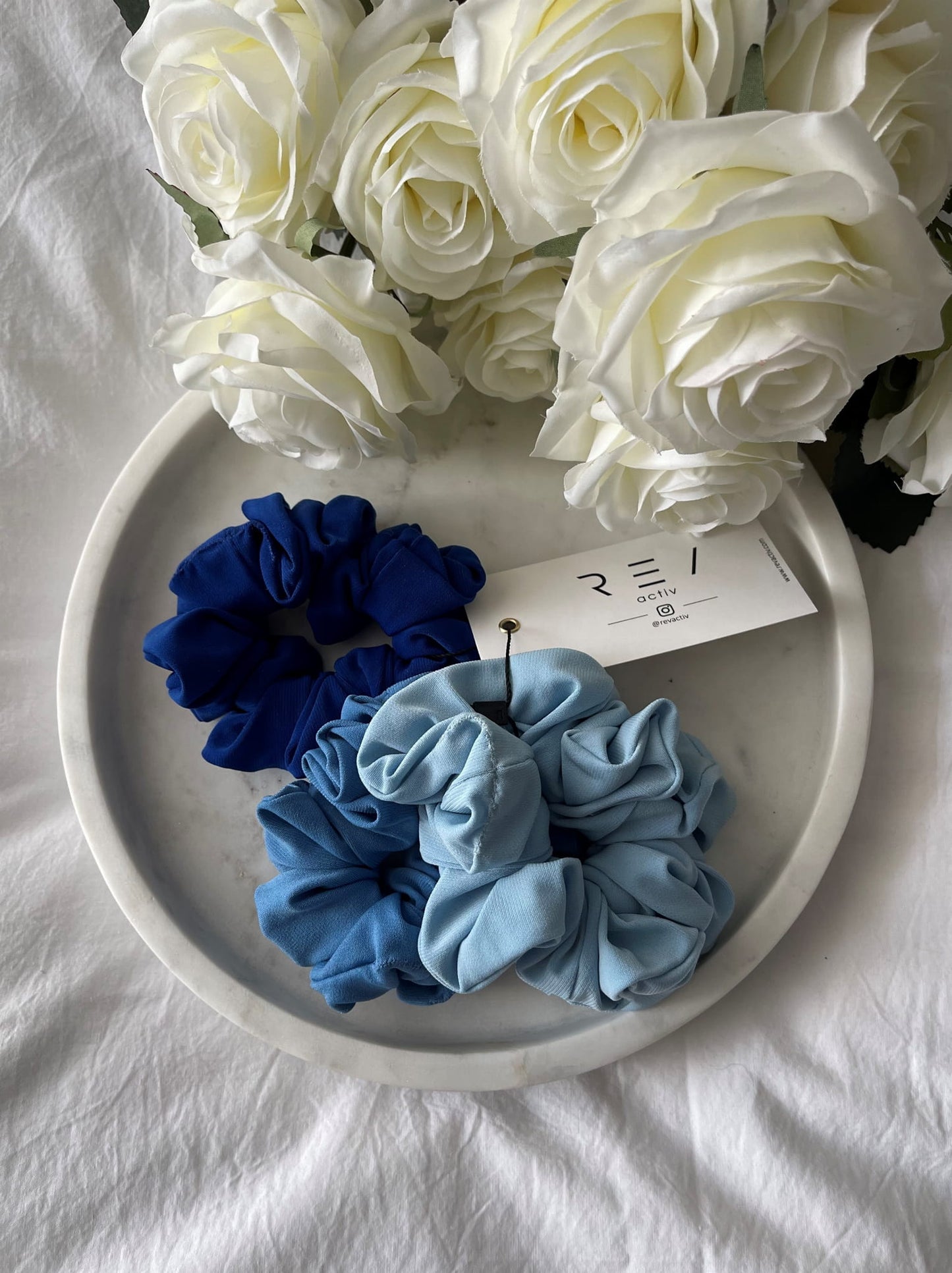 SET OF 3 SCRUNCHIES COBALT, BABY BLUE, BLUE 