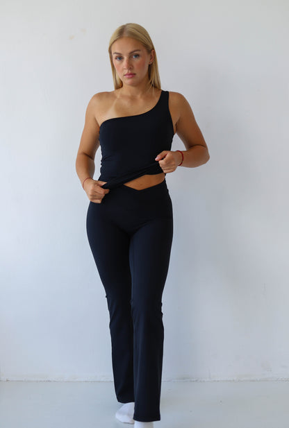 Spodnie Legginsy Dzwony Flare z wysokim stanem V do Pilatesu Deep Black