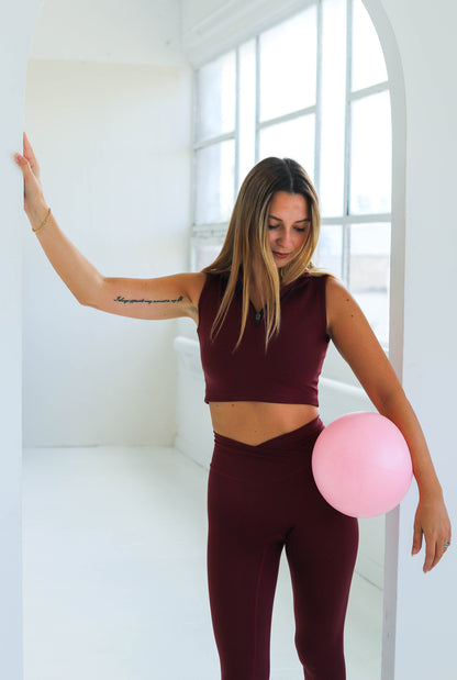 Spodnie Legginsy z wysokim stanem V do Pilatesu Dark Burgundy