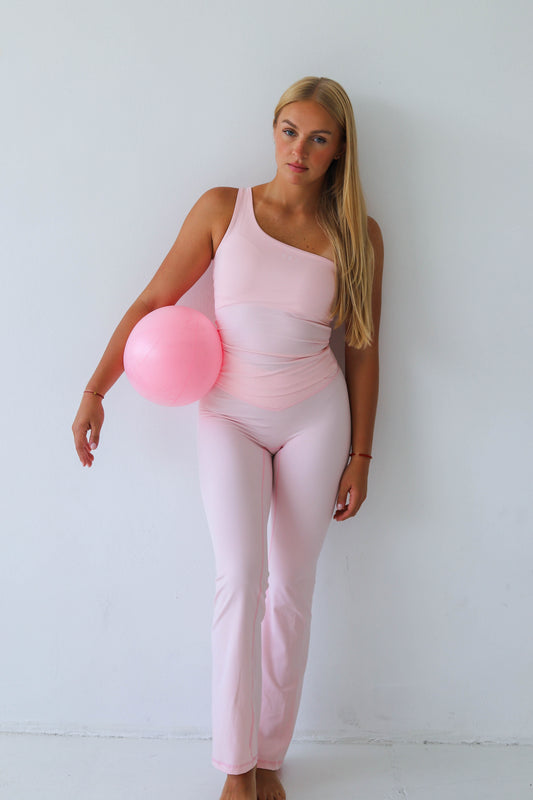 Spodnie Legginsy Dzwony Flare z wysokim stanem V do Pilatesu Soft Pink