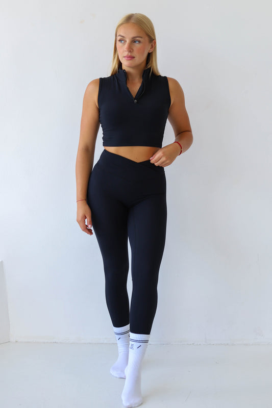 Spodnie Legginsy z wysokim stanem V do Pilatesu Deep Black