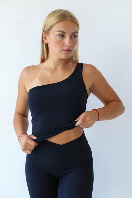 Top na jedno ramię One Shoulder do Pilatesu Deep Black